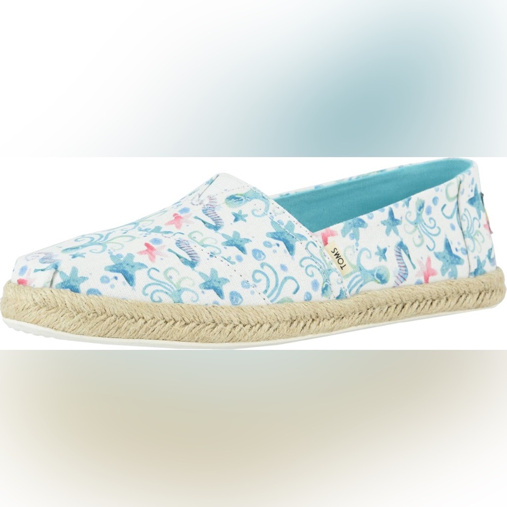 Toms Blue And White Seashorsing Around Print Flat Slip On Shoes Size 7